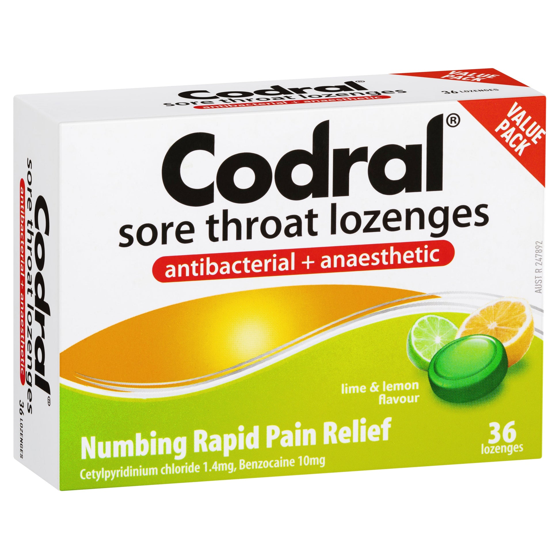 Codral Sore Throat Lozenges Antibacterial + Anaesthetic Lime & Lemon 36 Pack - Cutprice Online