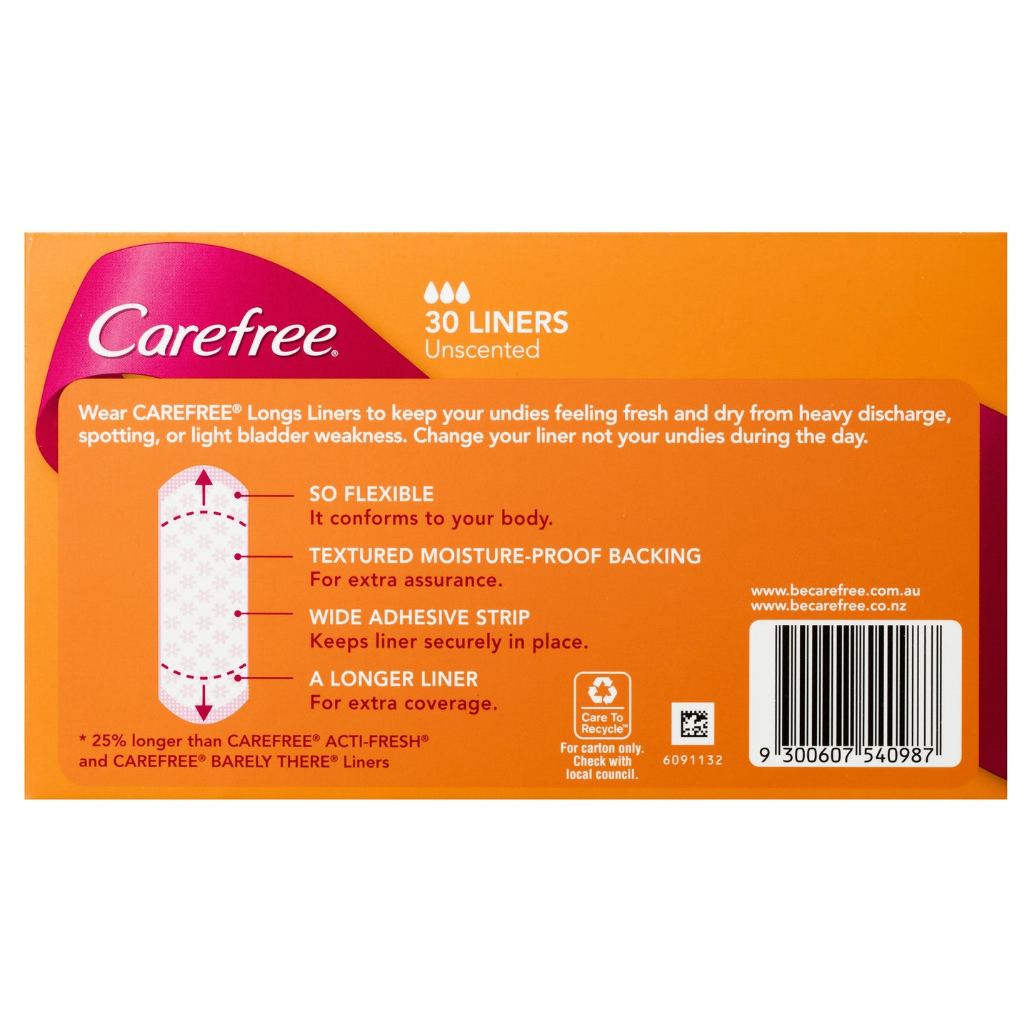 Carefree Longs Original Unscented Panty Liners 30 Pack - Cutprice Online