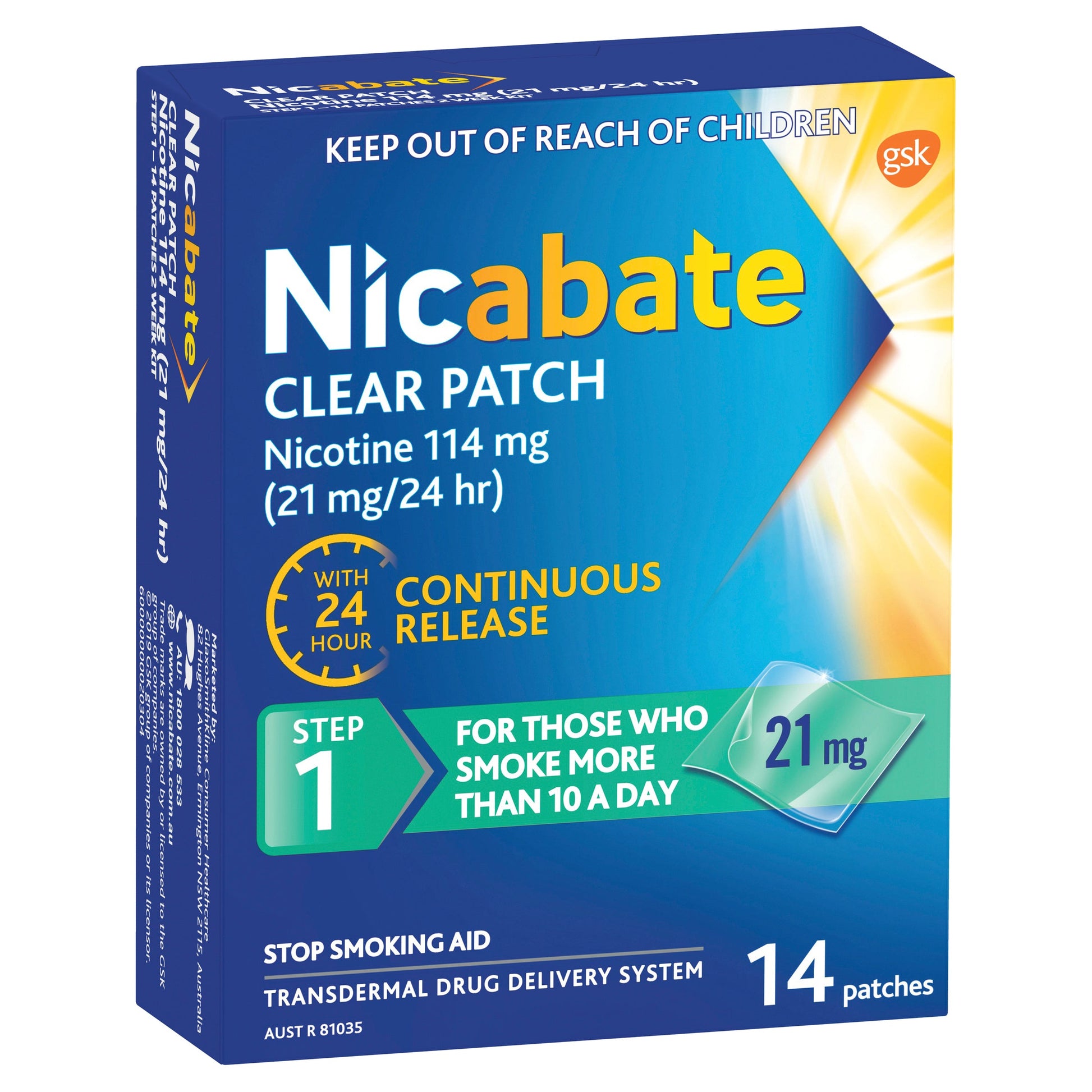 Nicabate Clear Patch Quit Smoking Step 1 21mg 14 Patches (Value Pack) - Cutprice Online