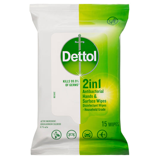 Dettol Hands and Surface Wipes 15pk 2 in 1 Antibacterial - Cutprice Online