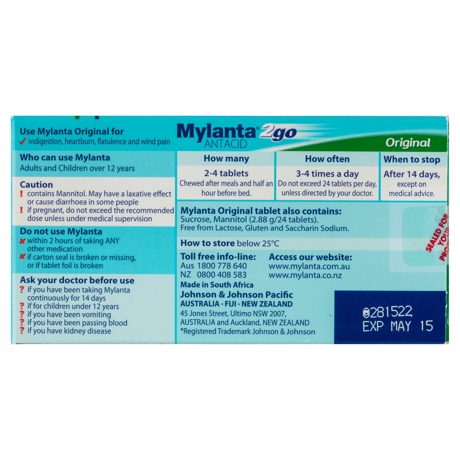 Mylanta 2 Go Antacid Original 100 Tablets - Cutprice Online