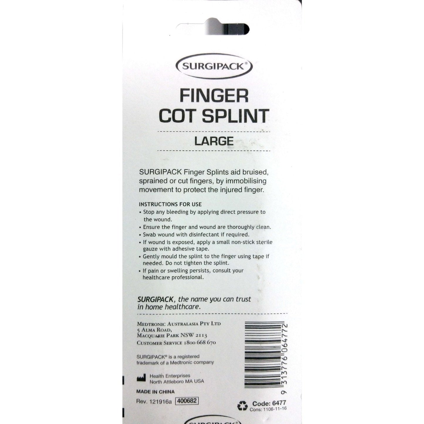 SurgiPack 6477 Finger Cot Splint  Large - Cutprice Online