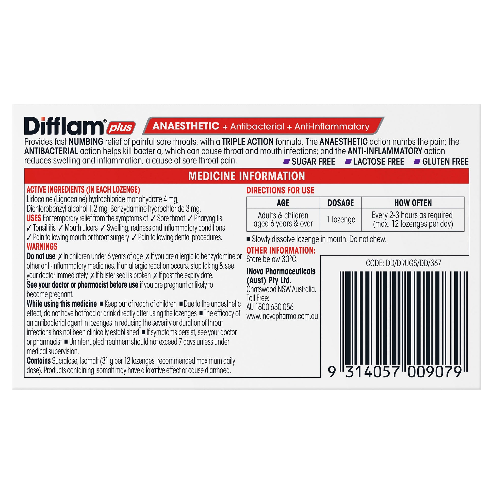 Difflam Plus Sore Throat Lozenges + Anaesthetic Blackcurrant 16 - Cutprice Online