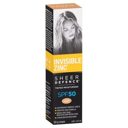 Invisible Zinc SPF 50+ Sheer Defence Tinted Moisturiser Light 50g - Cutprice Online