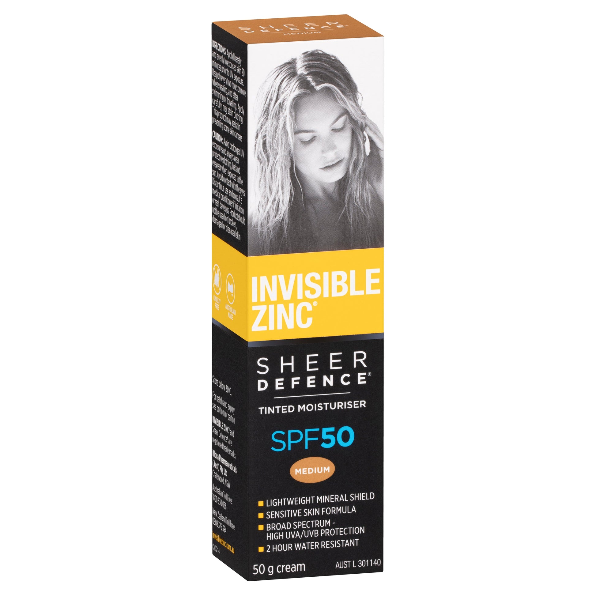 Invisible Zinc SPF 50+ Sheer Defence Tinted Moisturiser Medium 50g - Cutprice Online