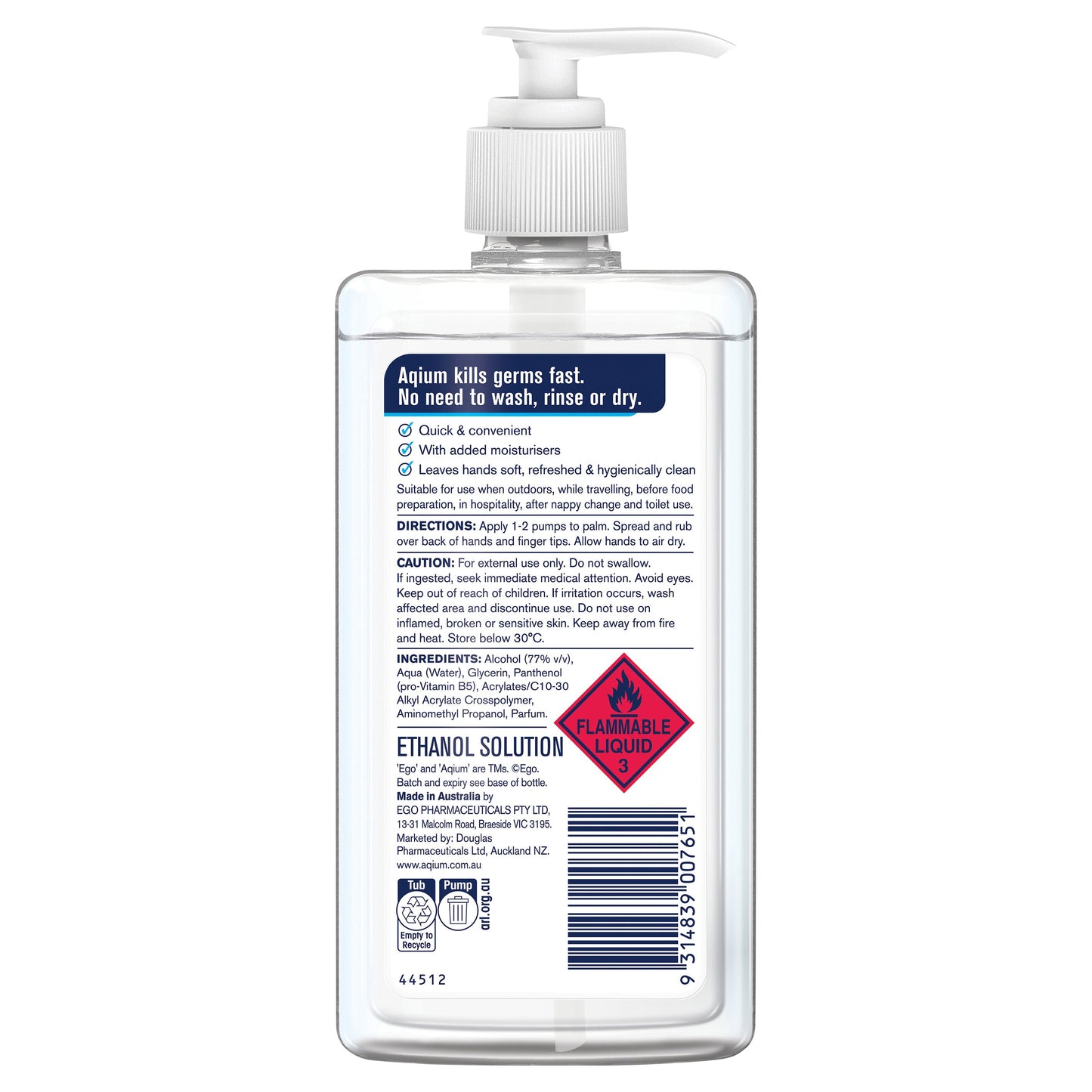Ego Aqium Antibacterial Hand Sanitiser 375ml - Cutprice Online