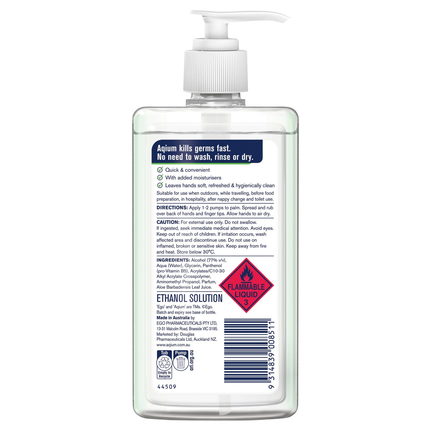 EGO Aqium with Aloe Antibacterial Hand Sanitiser 375mL - Cutprice Online