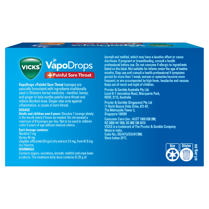Vicks VapoDrops + Painful Sore Throat Honey Liquicentre 16 Lozenges