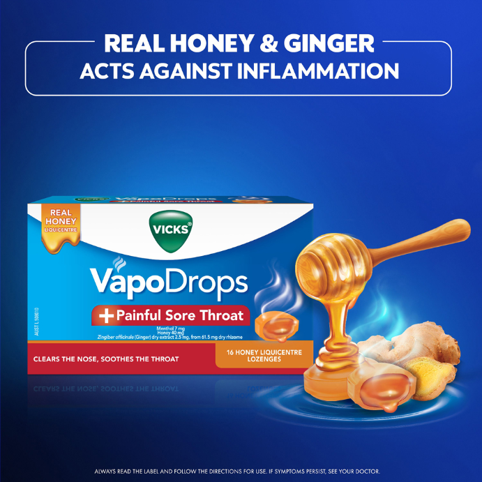 Vicks VapoDrops + Painful Sore Throat Honey Liquicentre 16 Lozenges