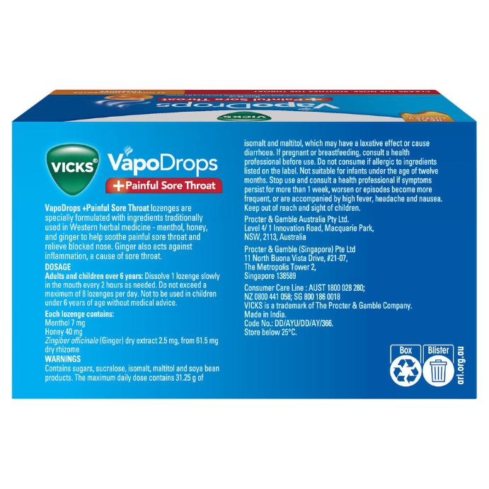 Vicks VapoDrops +Painful Sore Throat Honey Liquicentre 32 Lozenges