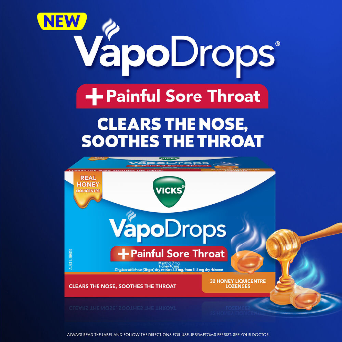 Vicks VapoDrops +Painful Sore Throat Honey Liquicentre 32 Lozenges