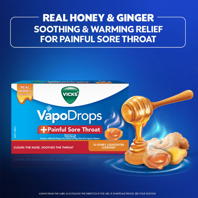 Vicks VapoDrops +Painful Sore Throat Honey Liquicentre 32 Lozenges