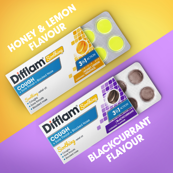Difflam Soothing Cough + Sore Throat + Blocked Nose Blackcurrant Flavour 16 Lozenges