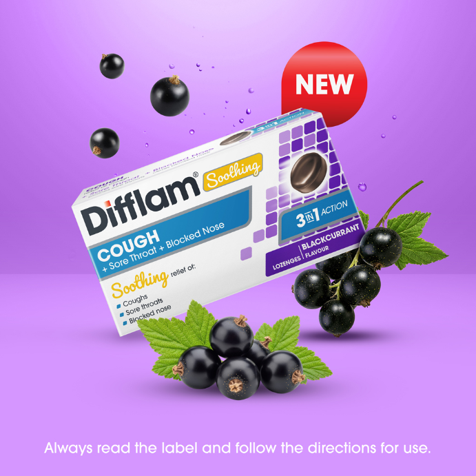 Difflam Soothing Cough + Sore Throat + Blocked Nose Blackcurrant Flavour 32 Lozenges