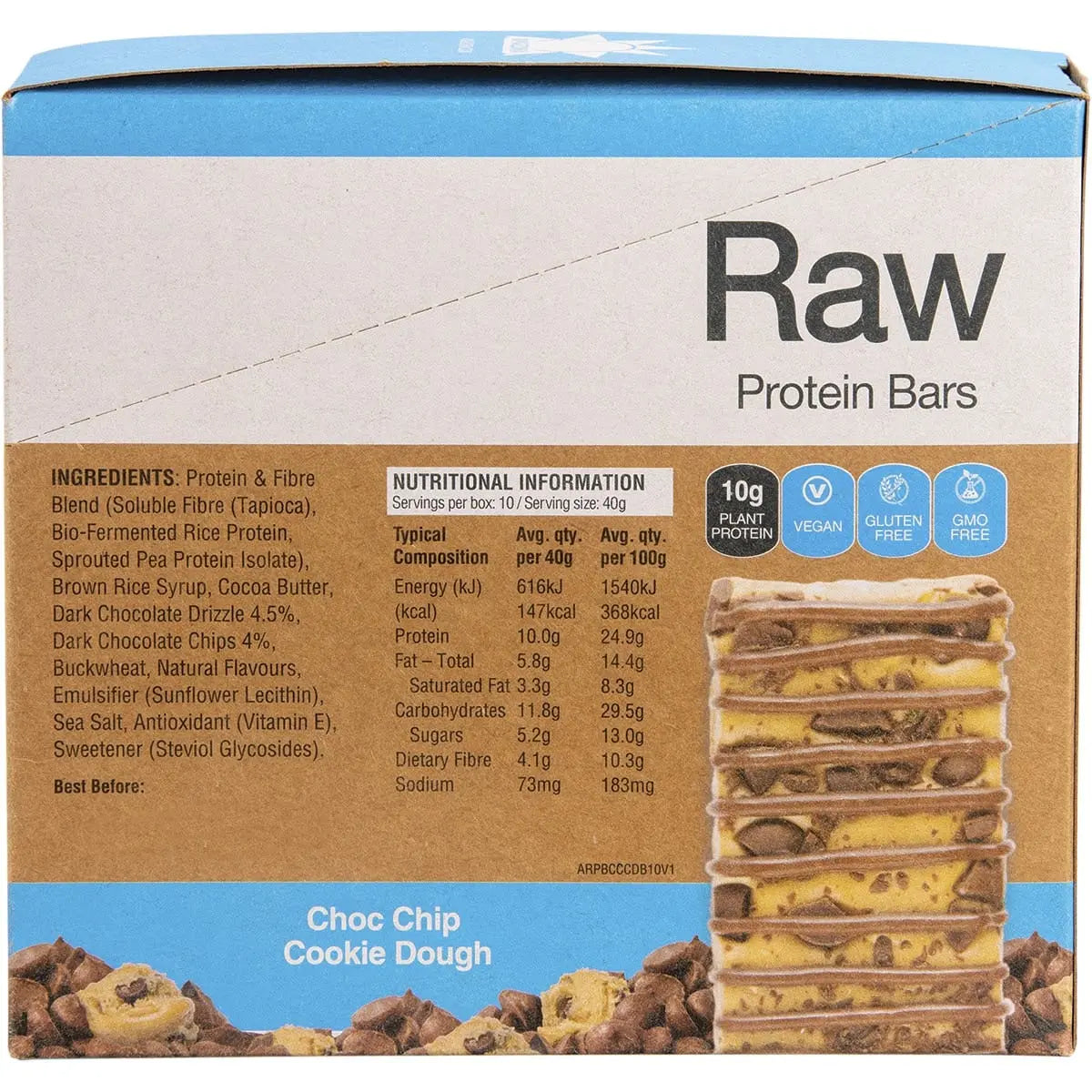 Amazonia Raw Protein Bar Choc Chip Cookie Dough 10x40g AMAZONIA