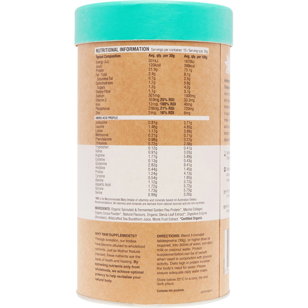 Amazonia Raw Protein Collagen Plus Choc Hazelnut 450g AMAZONIA