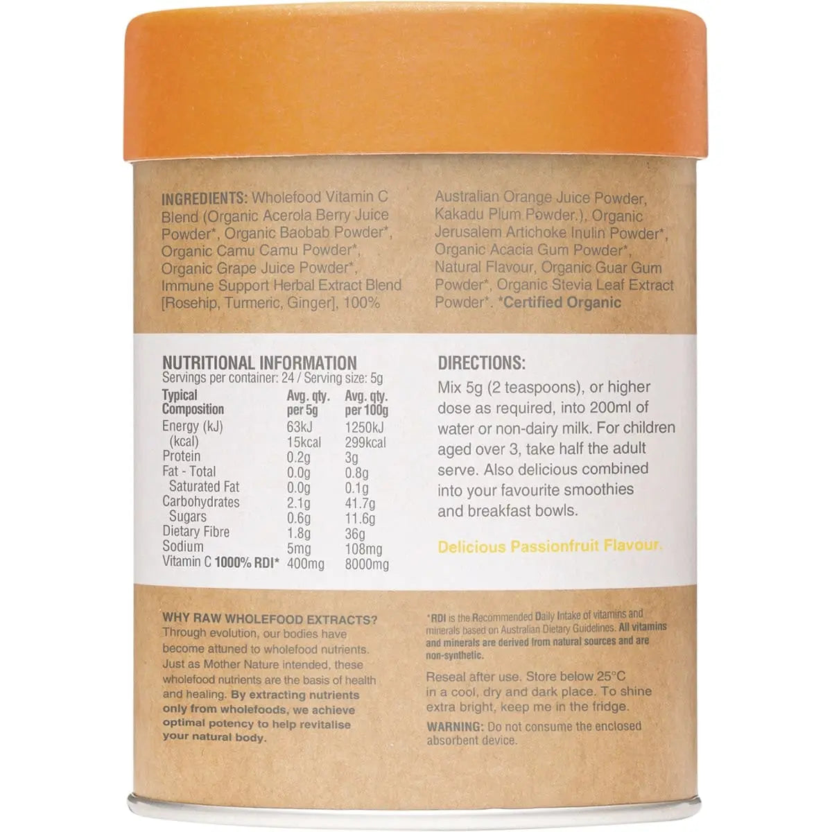 Amazonia Raw Wholefood Extracts Vitamin C+ Passionfruit Flavour 120g AMAZONIA