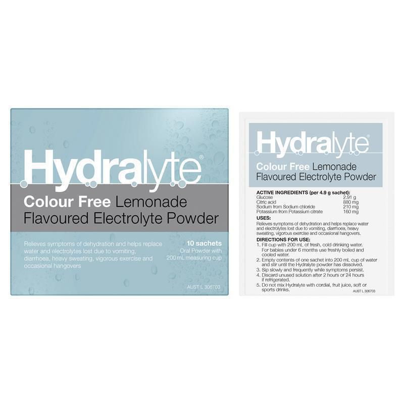 Hydralyte Electrolyte Powder Colour Free Lemonade 10 Sachets - Cutprice Online