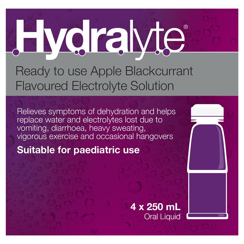 Hydralyte Electrolyte Apple Blackcurrant 4 Pack (4x250ml) Solution - Cutprice Online