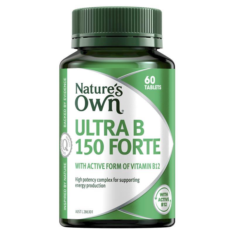Nature's Own Ultra B 150 Forte with active form of Vitamin B12, in a green and white bottle with a label showing 60 tablets.