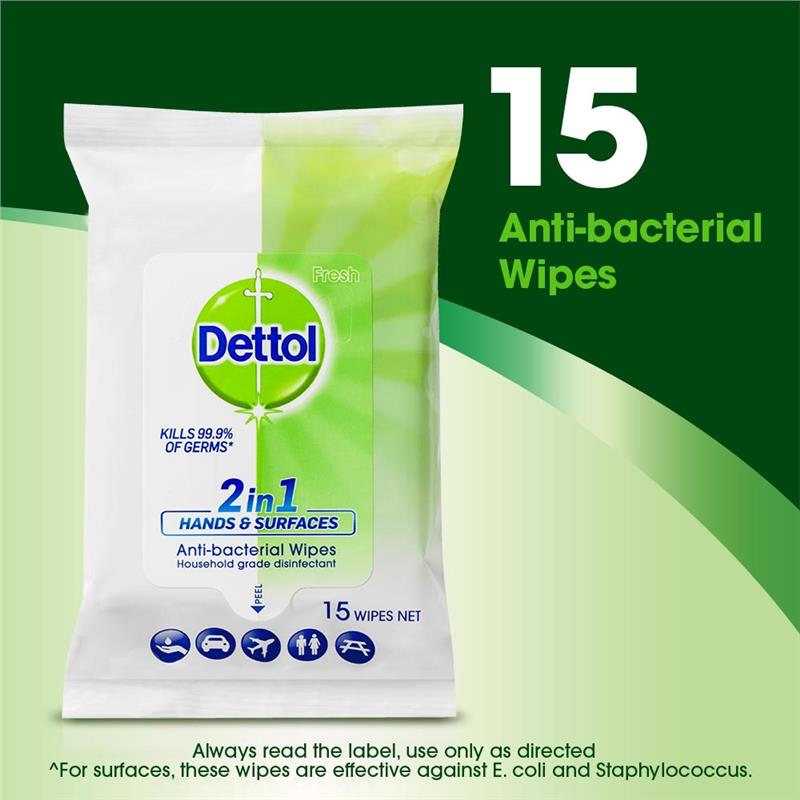Dettol Hands and Surface Wipes 15pk 2 in 1 Antibacterial - Cutprice Online