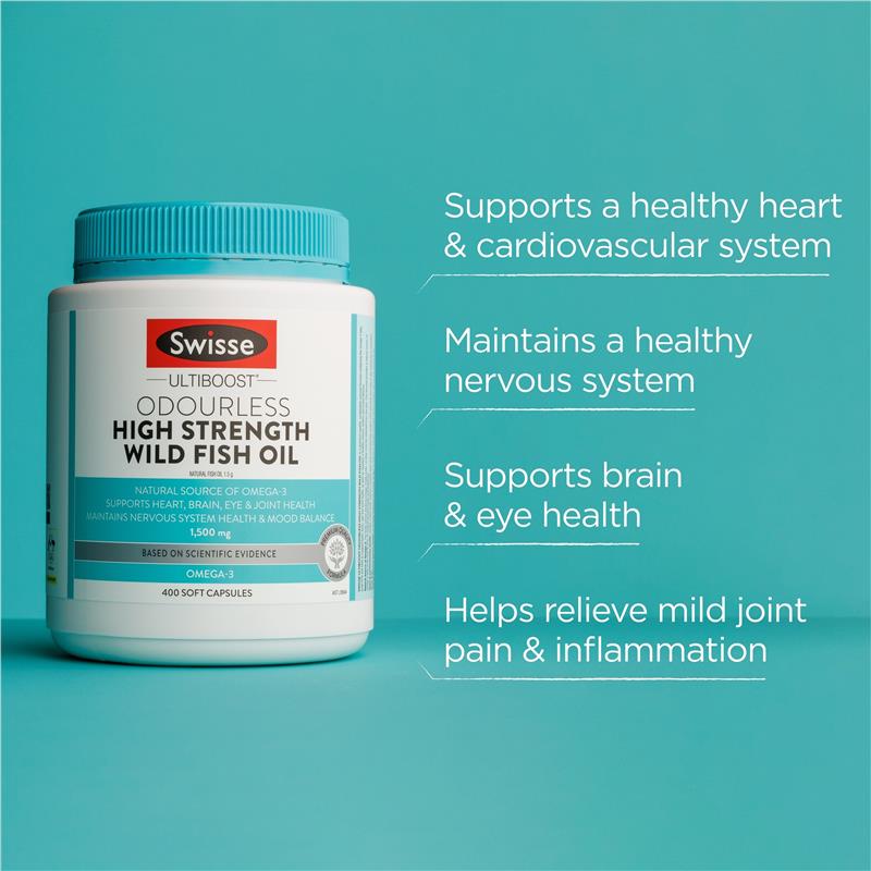 Swisse Ultiboost Odourless High Strength Wild Fish Oil 1500mg 400 Capsules - Cutprice Online