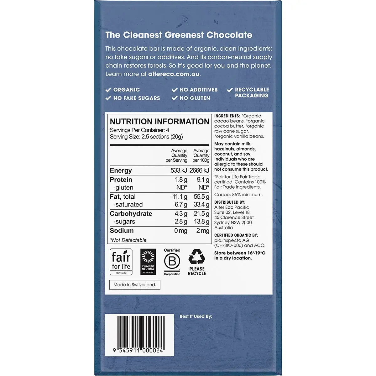 Alter Eco Chocolate (Organic) 85% Cacao Dark Blackout 80g 12 Pack ALTER ECO