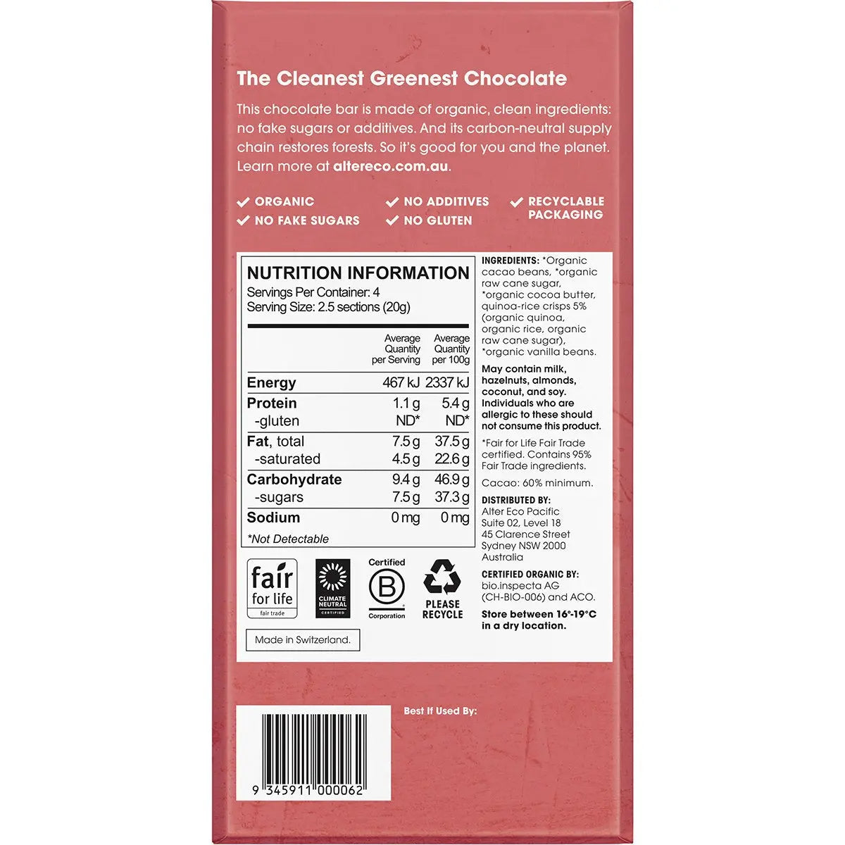 Alter Eco Chocolate (Organic) Dark Quinoa Crunch 80g 12 Pack ALTER ECO