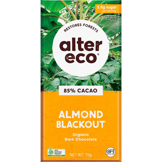 Alter Eco Chocolate Organic Dark Almonds Blackout 75g (Pack of 12) - Cutprice Online