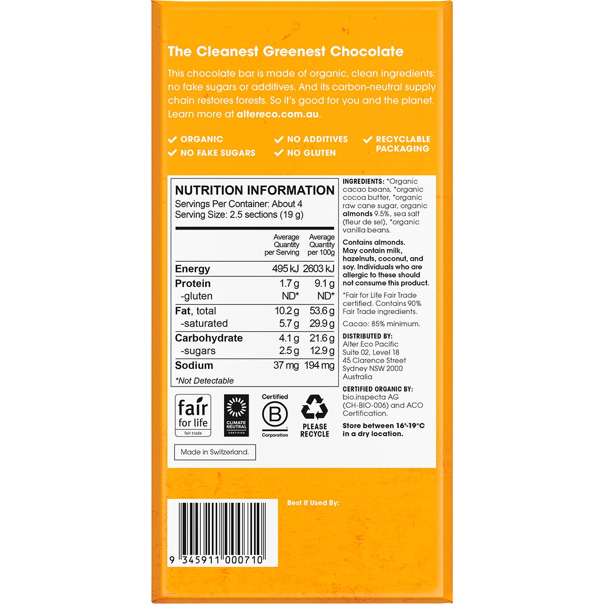 Alter Eco Chocolate Organic Dark Almonds Blackout 75g (Pack of 12) - Cutprice Online