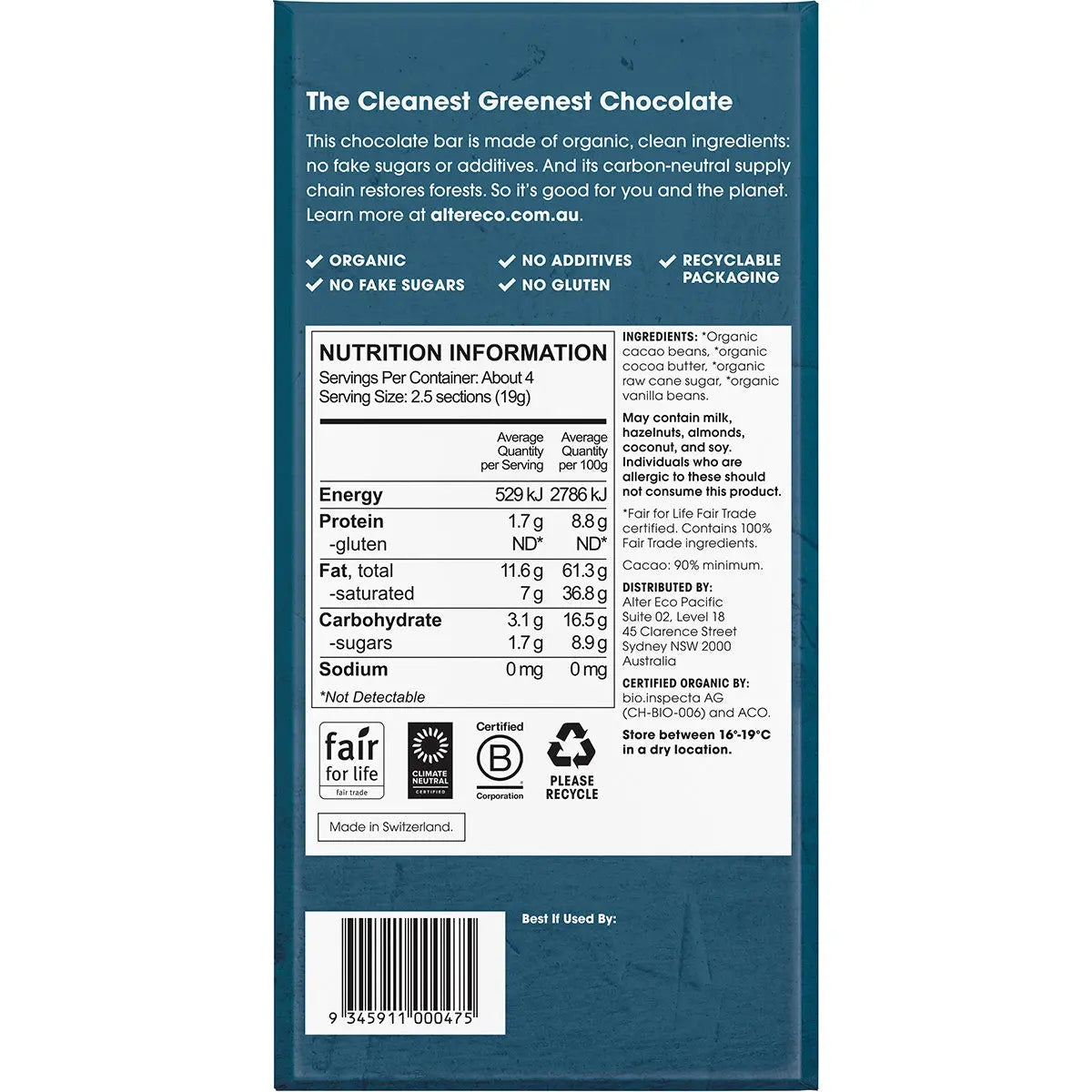 Alter Eco Chocolate Organic 90% Cacao Dark Super Blackout 12x75g ALTER ECO