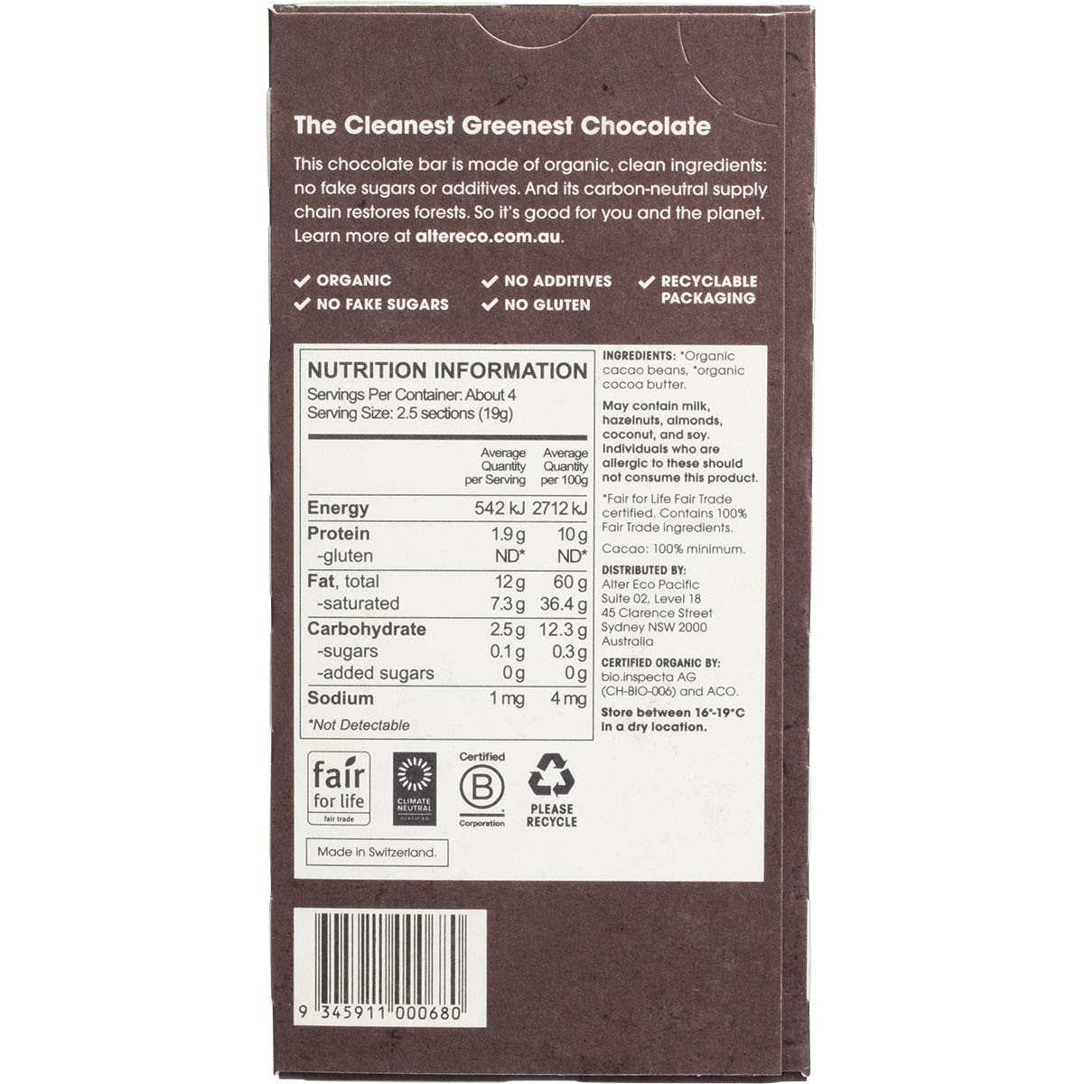 Alter Eco Chocolate (Organic) Dark Total Blackout 75g 12 Pack ALTER ECO