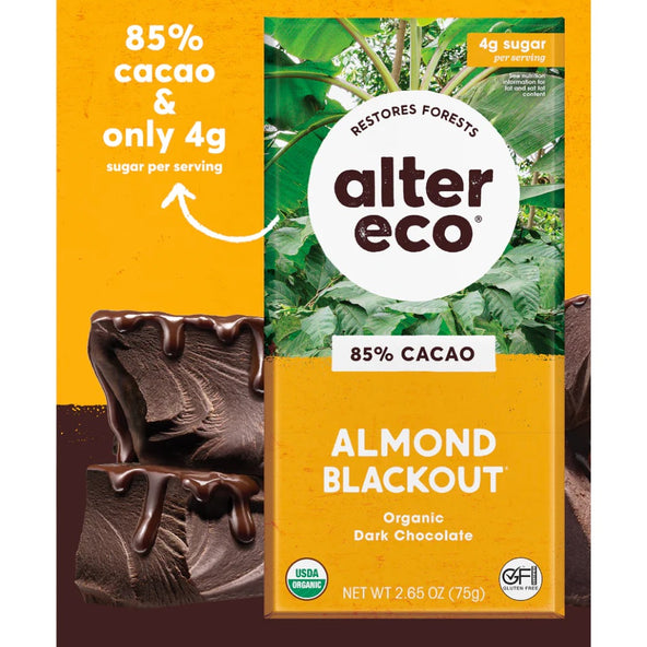 Alter Eco Chocolate Organic Dark Almonds Blackout 75g (Pack of 12) - Cutprice Online