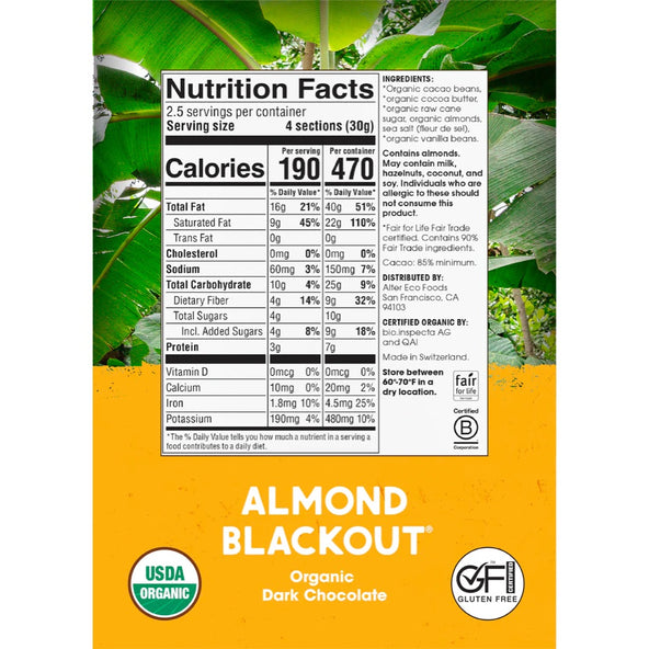 Alter Eco Chocolate Organic Dark Almonds Blackout 75g (Pack of 12) - Cutprice Online