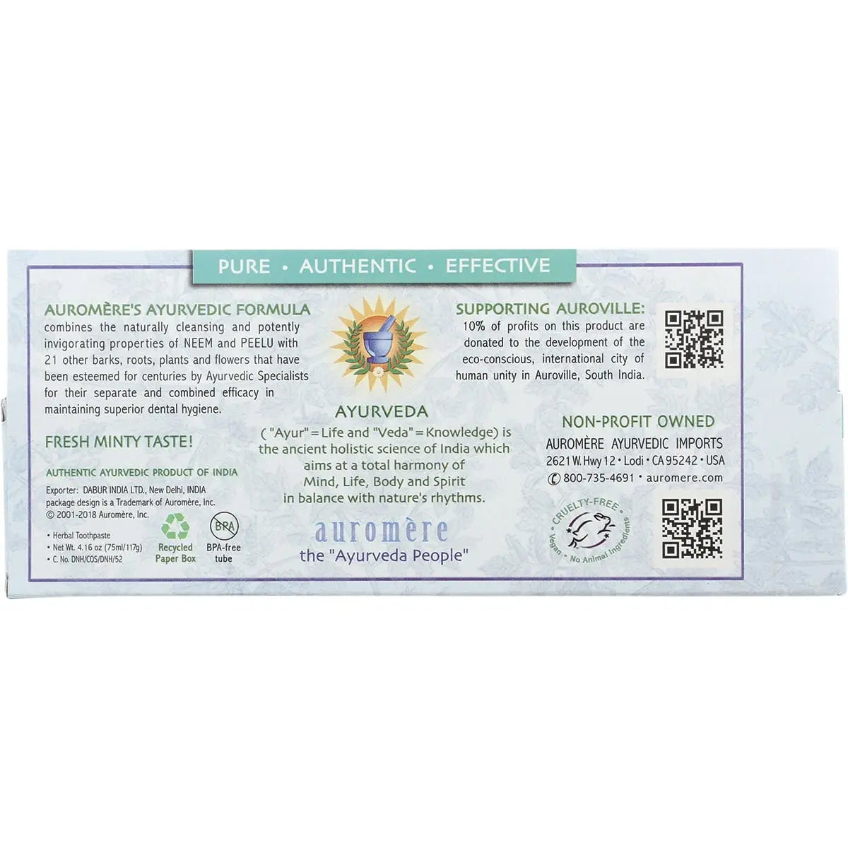 Auromere Toothpaste Ayurvedic Fresh Mint Fluoride Free 117g AUROMERE