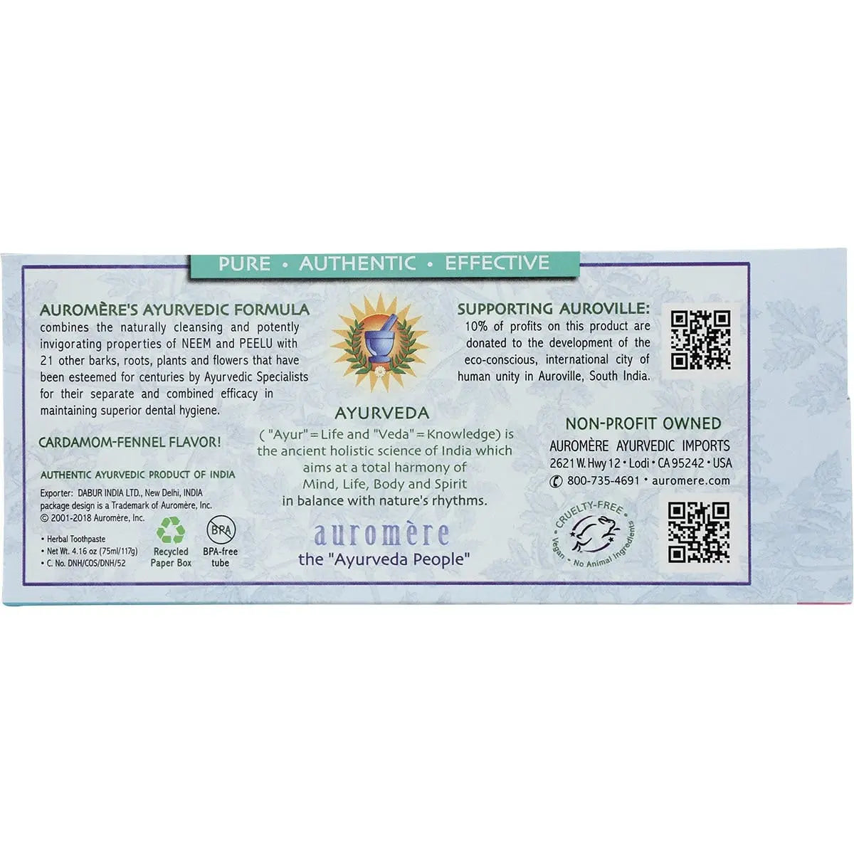 Auromere Toothpaste Ayurvedic Cardamom Fennel Fluoride Free 117g AUROMERE