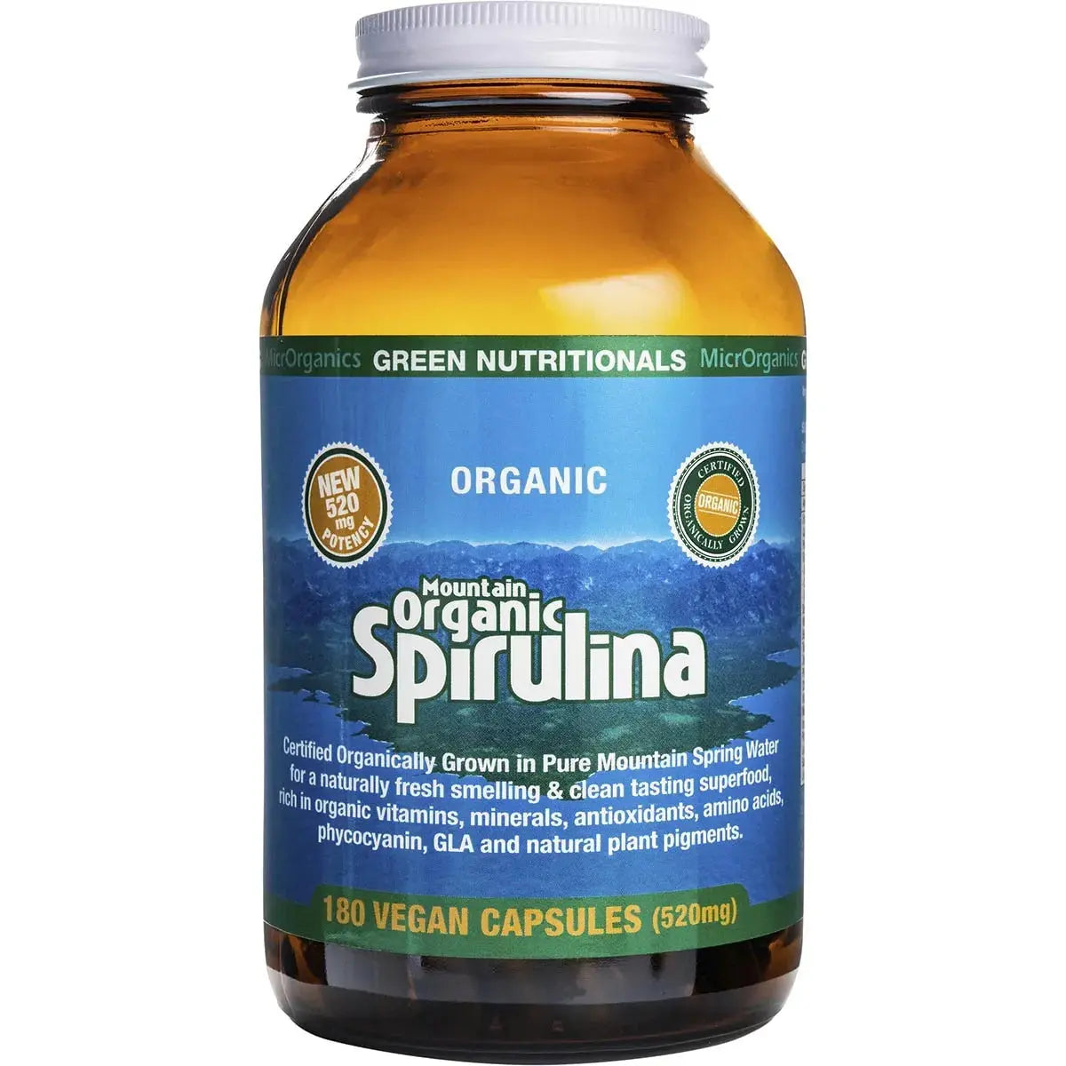 Green Nutritionals Mountain Organic Spirulina Vegan Capsules (520mg) 180 GREEN NUTRITIONALS