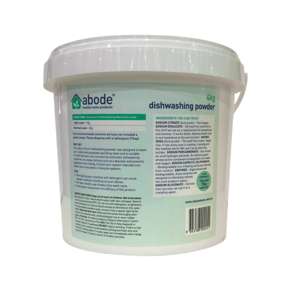Abode Dishwashing Powder (for Automatic Dishwashing Machines) Bucket 4kg Abode