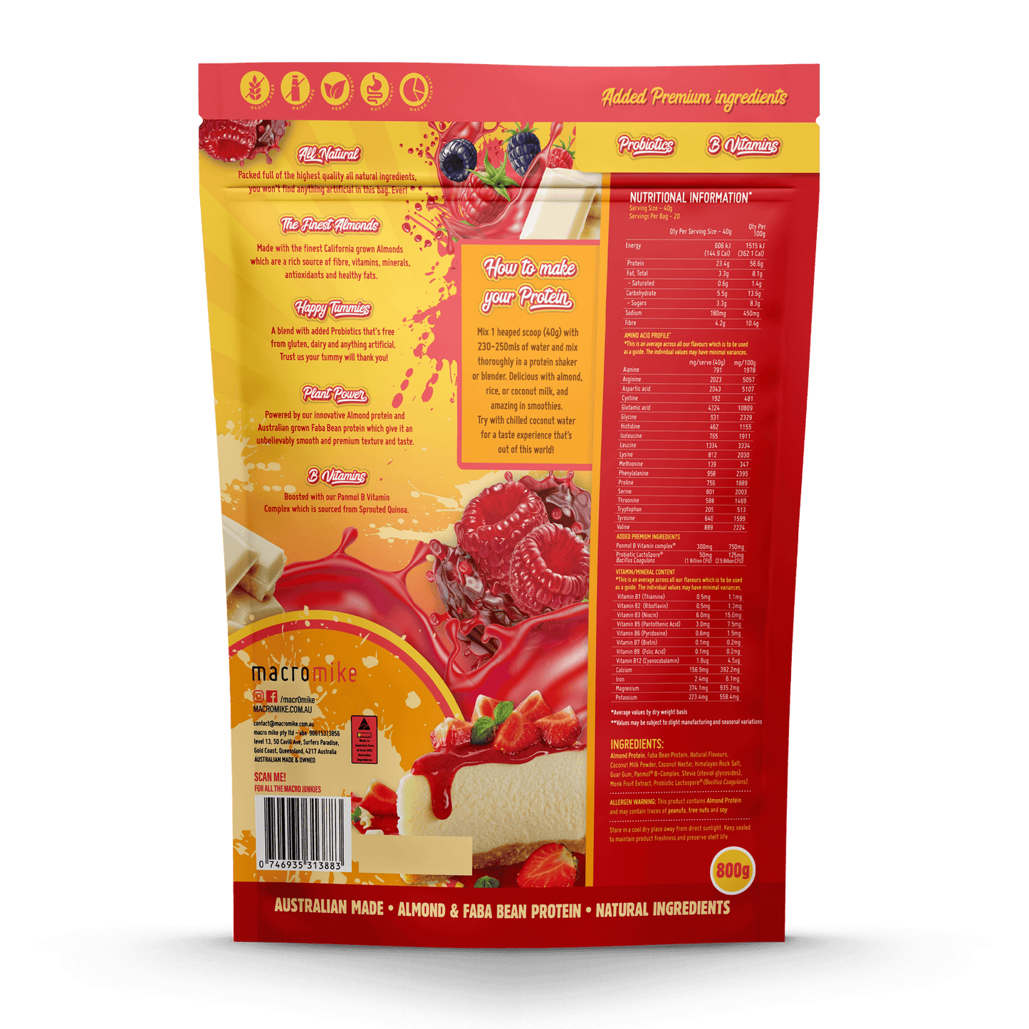 MACRO MIKE Premium Almond Protein Mixed Berry White Choc Cheezecake 800g MACRO MIKE