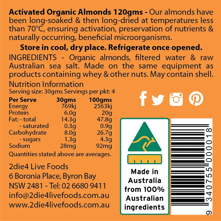 2die4 Live Foods Organic Activated Almonds 600g 2DIE4 LIVE FOODS