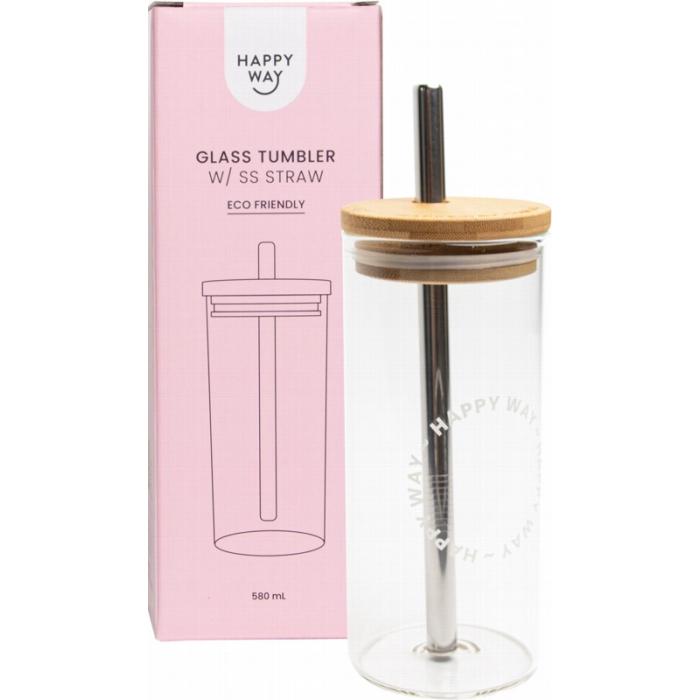 HAPPY WAY Glass Tumbler With Stainless Steel Straw 580ml HAPPY WAY