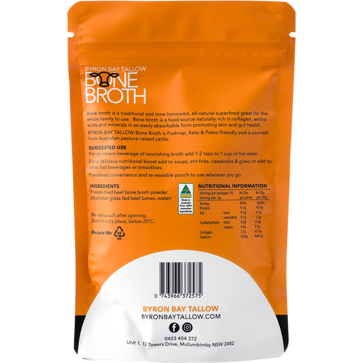 Byron Bay Tallow Grass Fed Beef Bone Broth Powder 100g - Cutprice Online