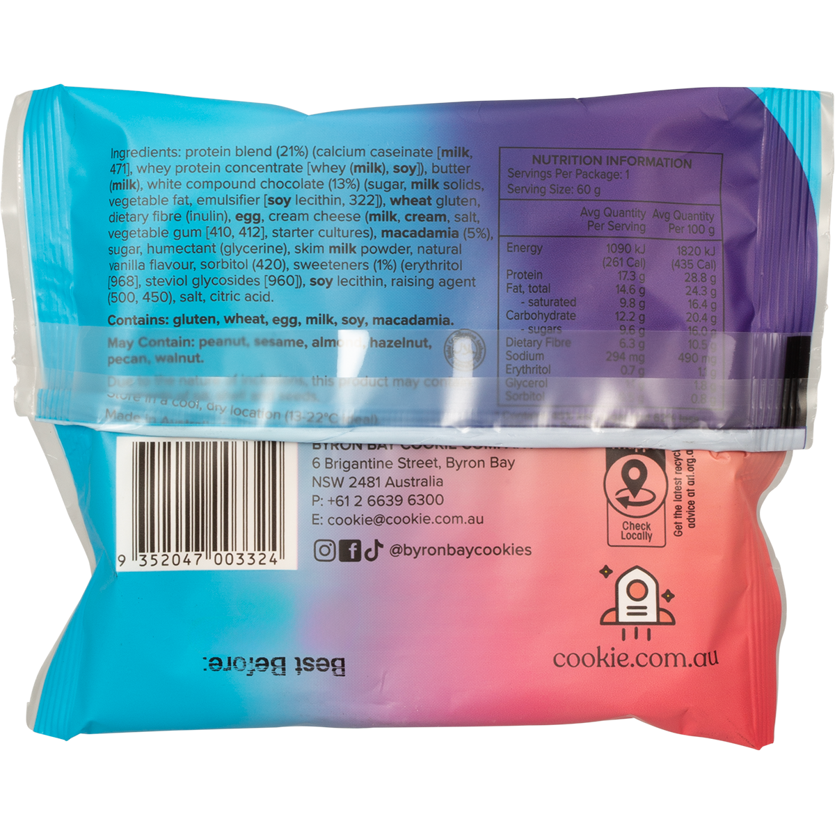 Byron Bay Cookies Protein Cookie White Choc Macadamia 60g x 12 Pack