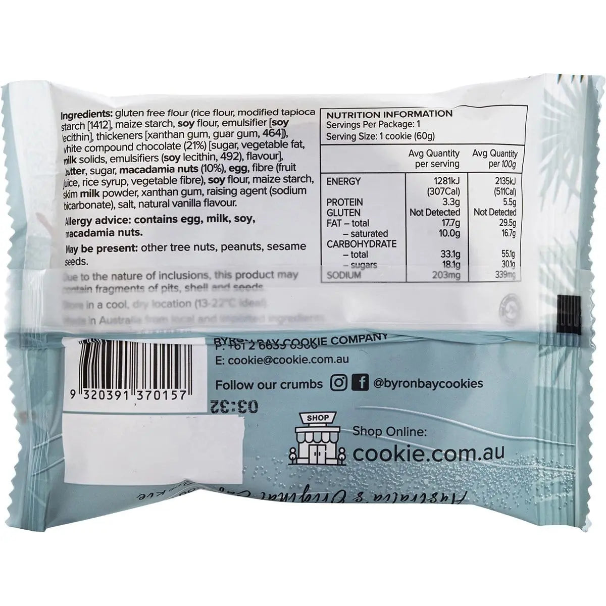 Byron Bay Cookies Gluten Free Cookies White Choc Macadamia 60g 12 Pack BYRON BAY