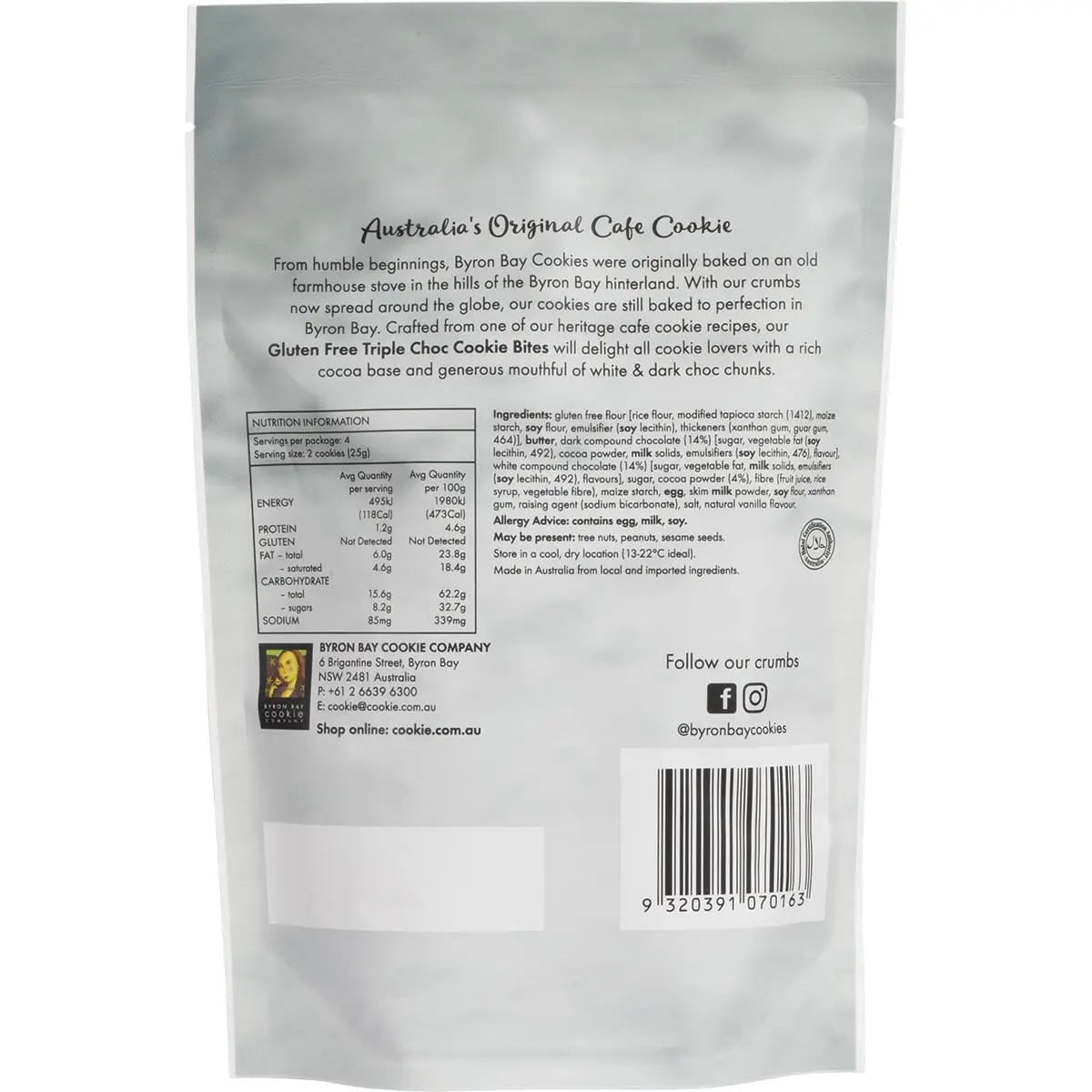 Byron Bay Cookies Gluten Free Cookie Bites Triple Choc Fudge 100g 6 Pack BYRON BAY