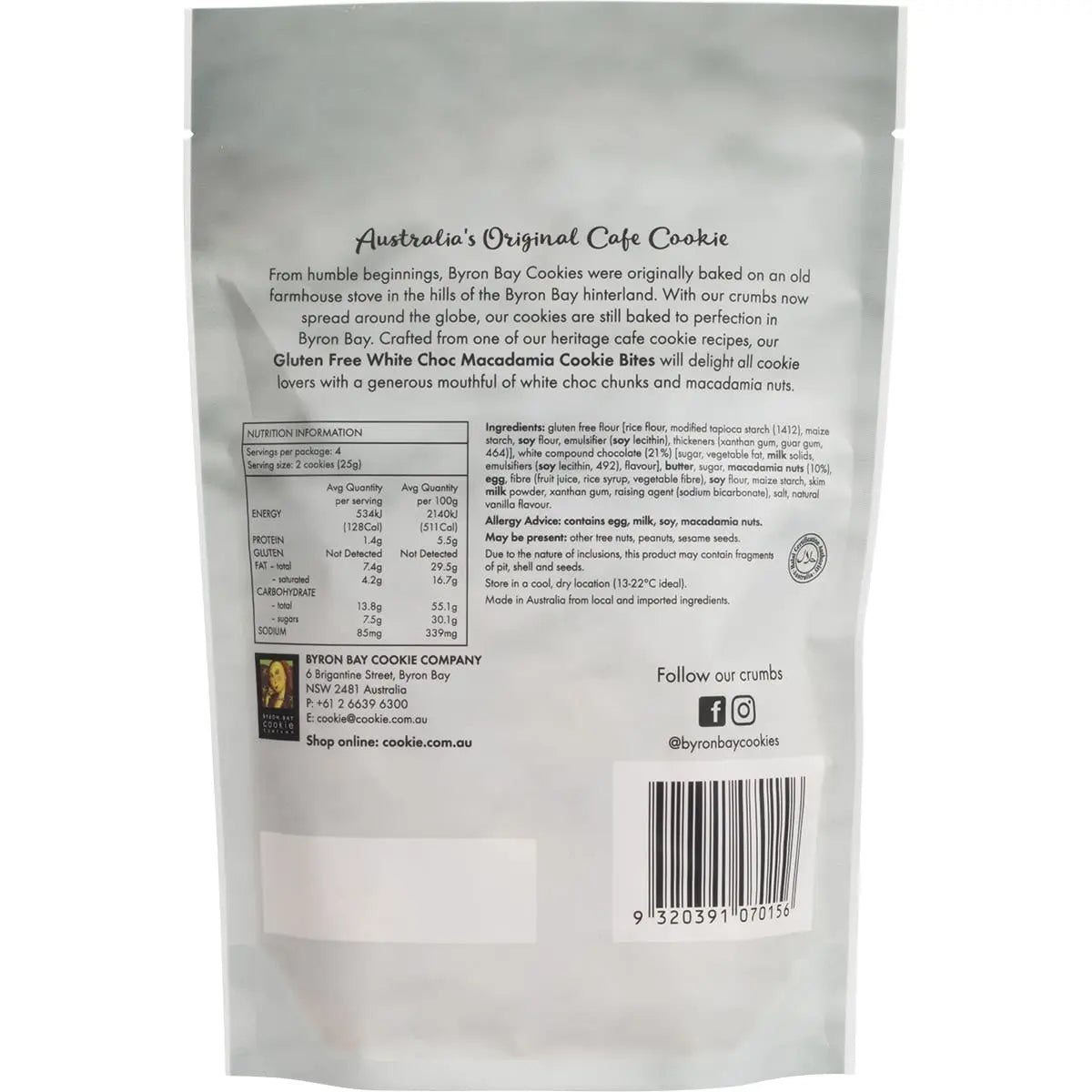 Byron Bay Cookies Gluten Free Cookie Bites White Choc Macadamia 100g 6 Pack BYRON BAY