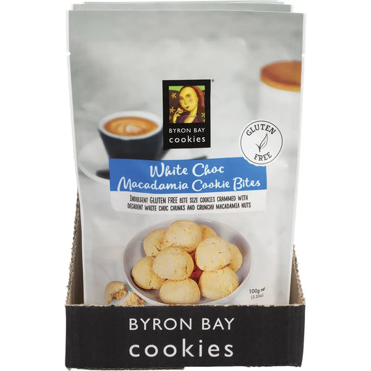 Byron Bay Cookies Gluten Free Cookie Bites White Choc Macadamia 100g 6 Pack BYRON BAY