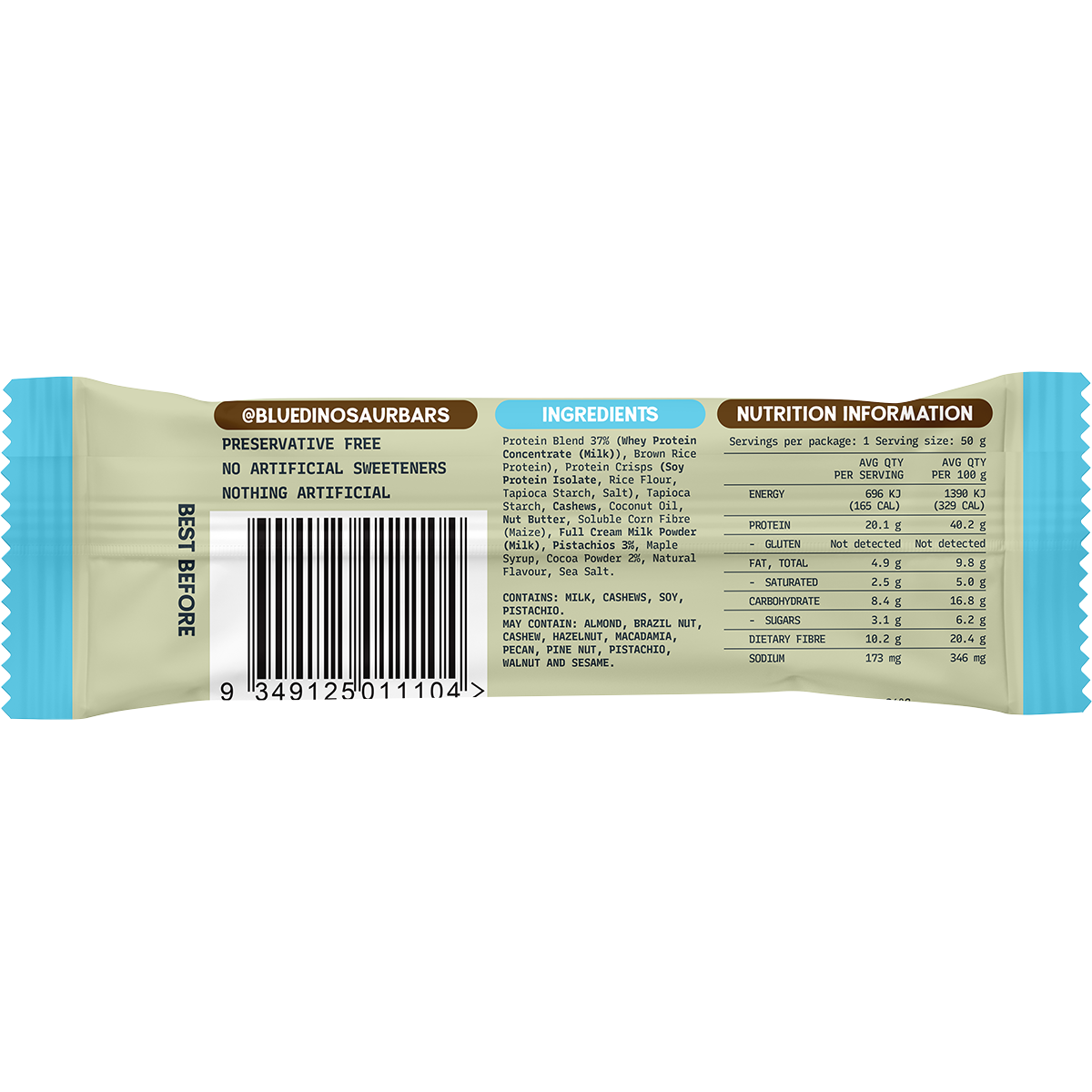 Blue Dinosaur Protein + Fibre Bar Choc Pistachio 12x50g