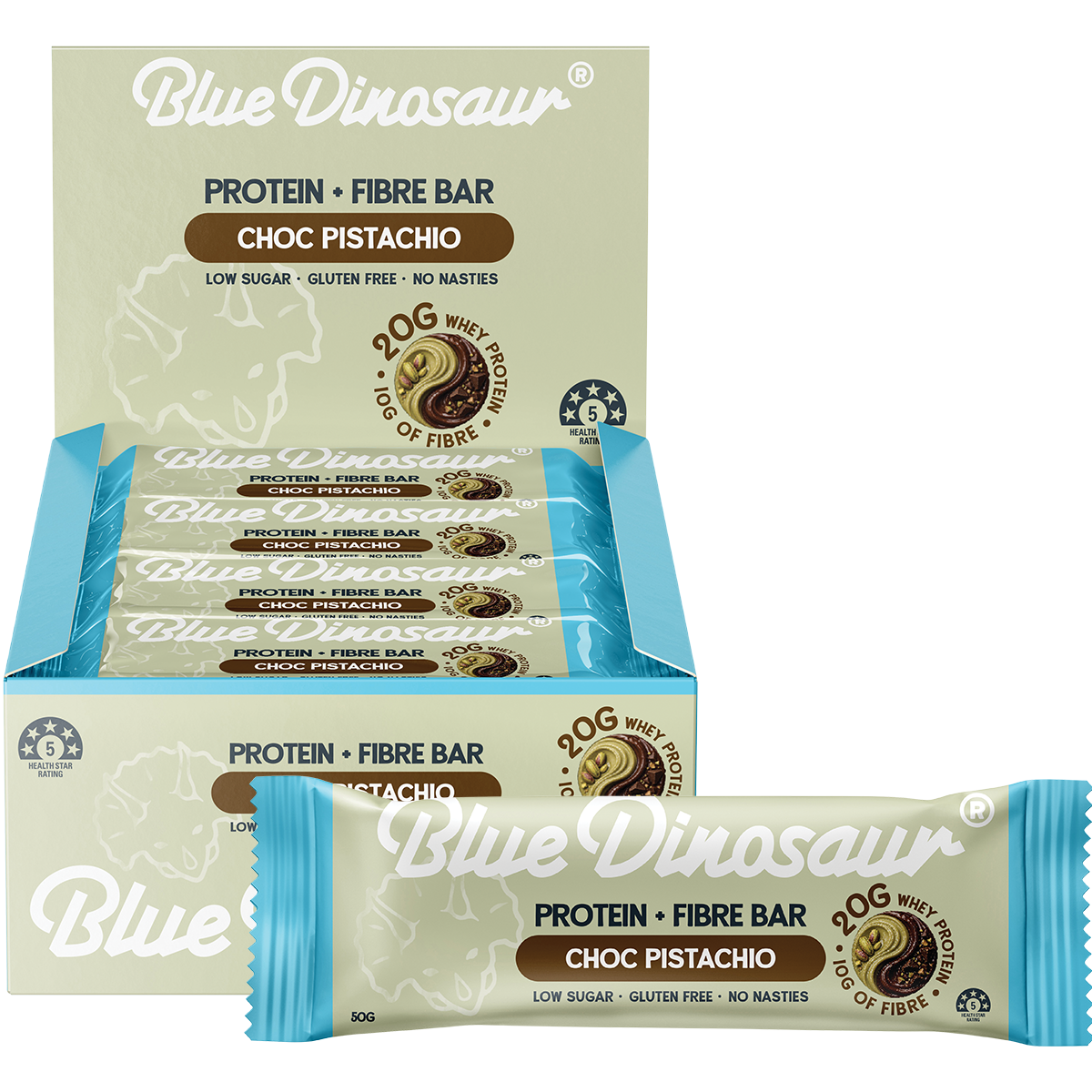 Blue Dinosaur Protein + Fibre Bar Choc Pistachio 12x50g