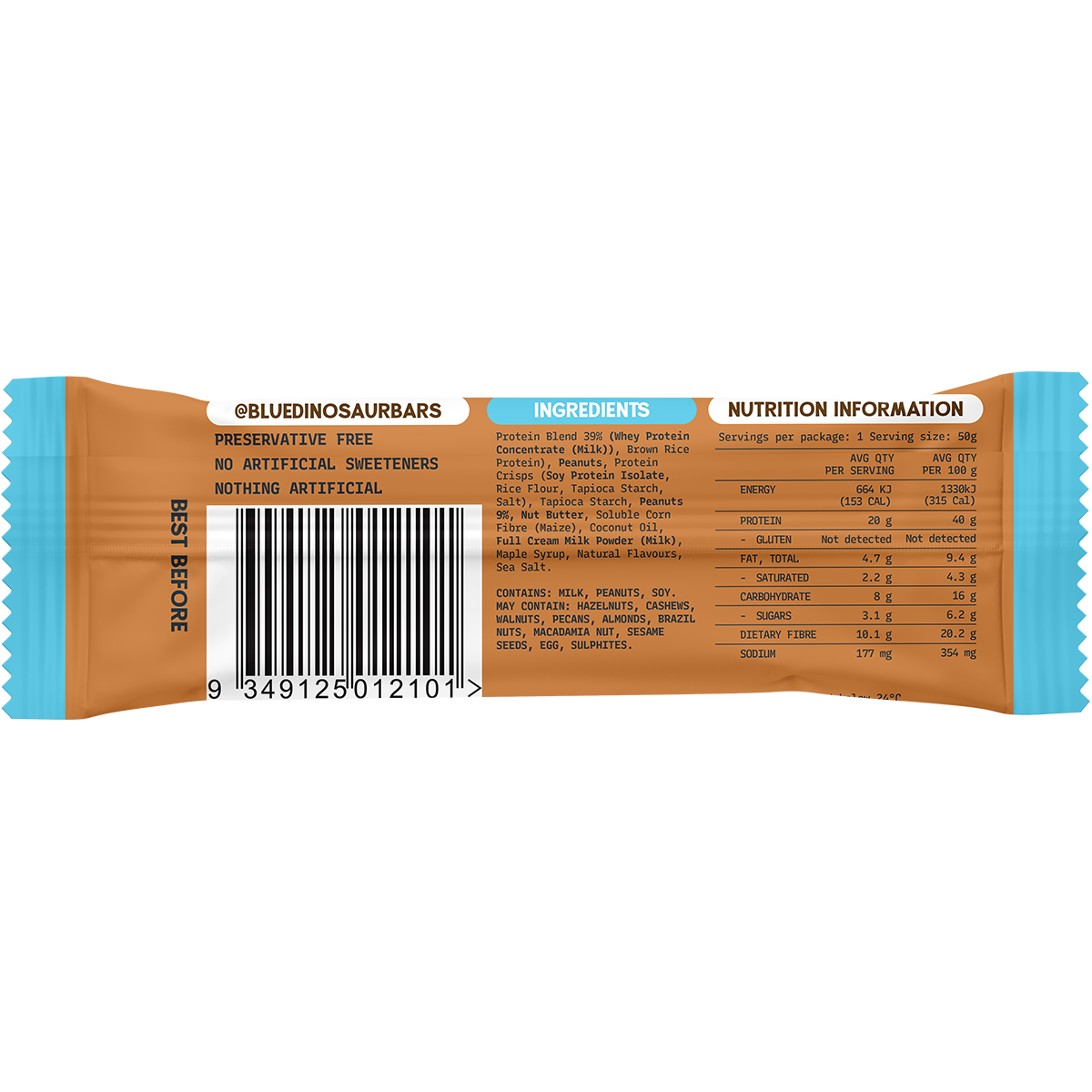 Blue Dinosaur Protein + Fibre Bar Peanut Salted Caramel 12x50g